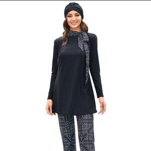Women’s Modest Long Sleeve Swim Tunic with Patterned Pants and Headband - Black